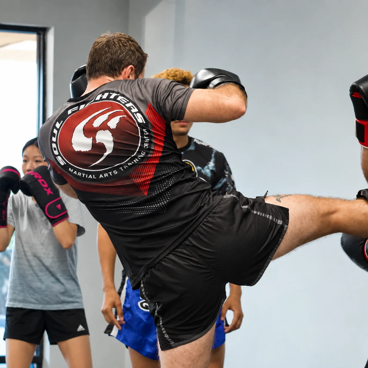 Student practicing a Muay Thai kick at Soul Fighters
